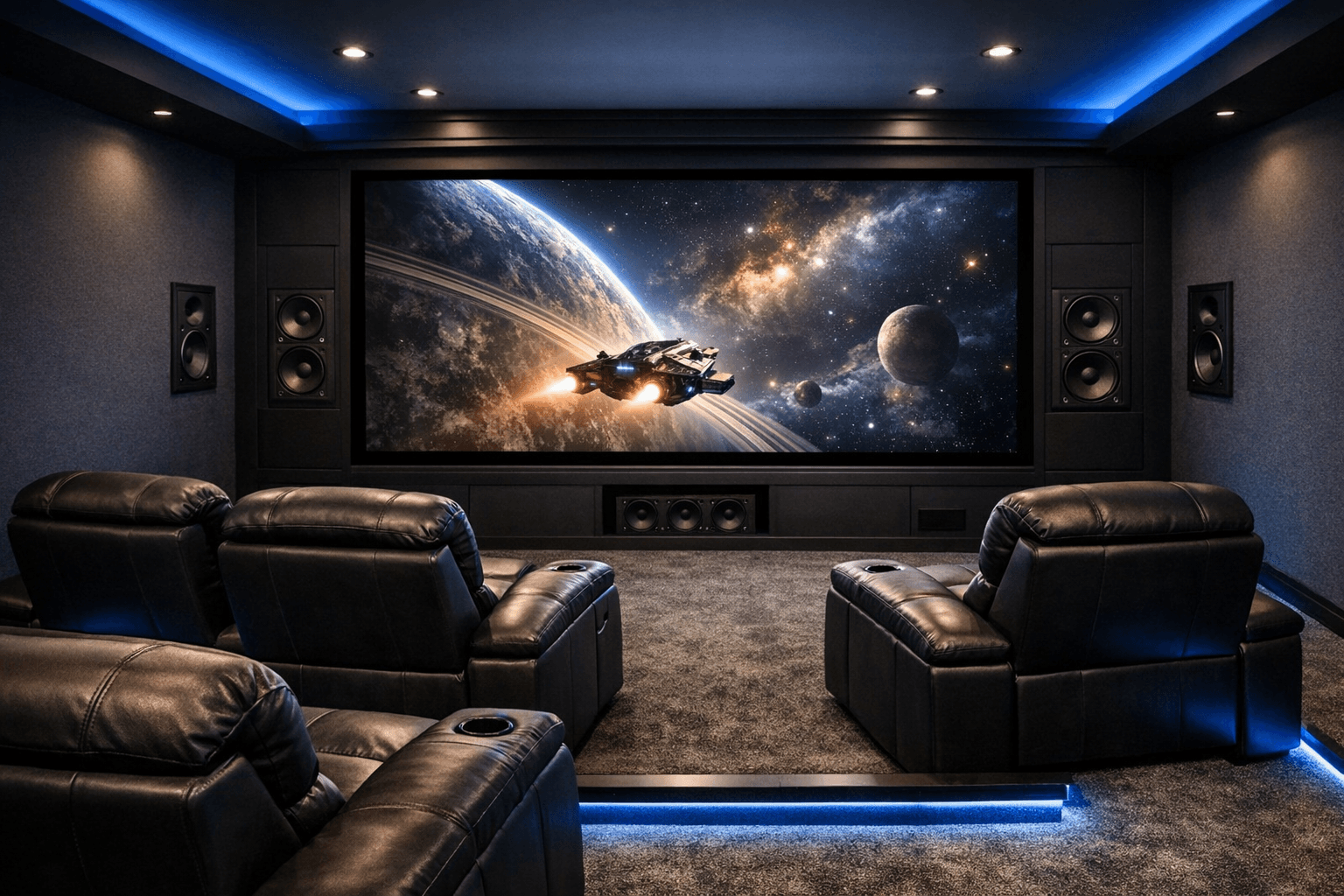 Custom home theatre room with mounted display and seating