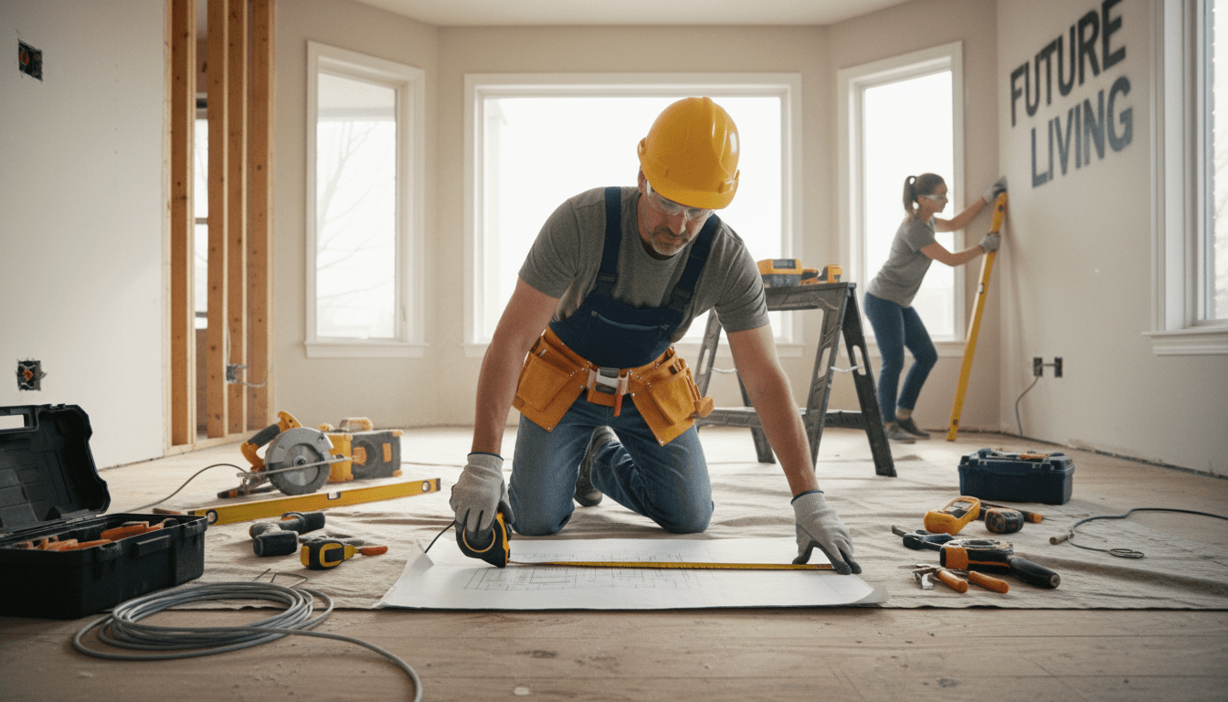 Professional contractor inspecting home renovation project in bright modern interior space