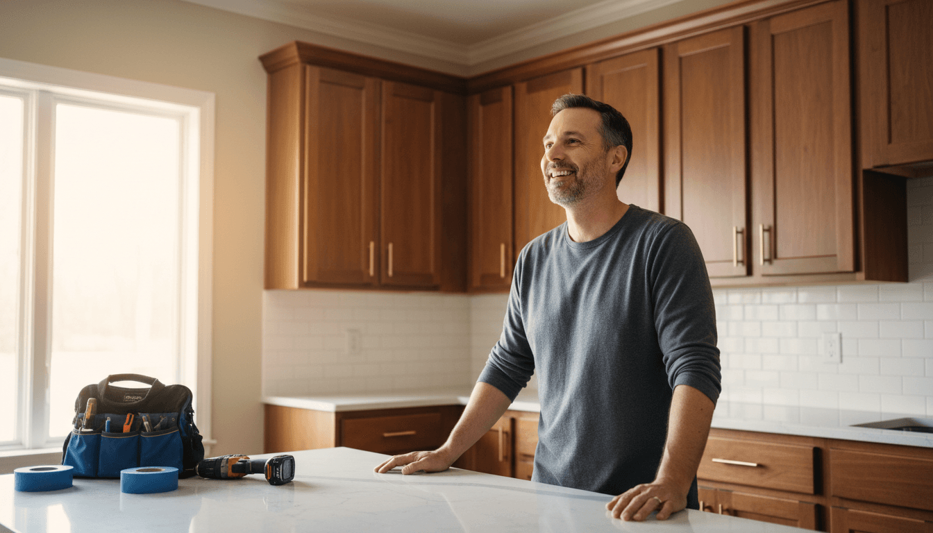 Homeowner admiring newly renovated kitchen in Crowley home