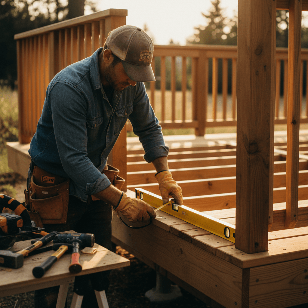 Handyman installing new deck railing and trim work