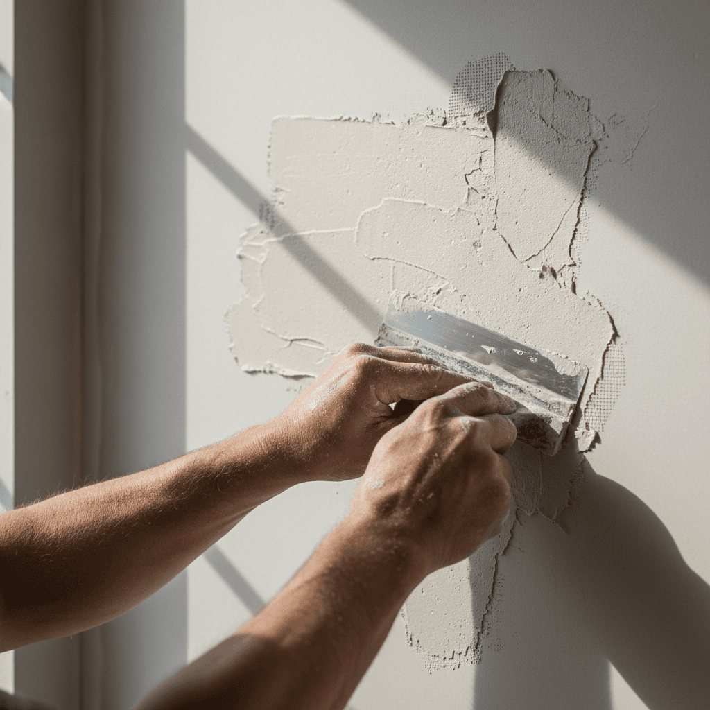 Drywall repair and finishing work in progress