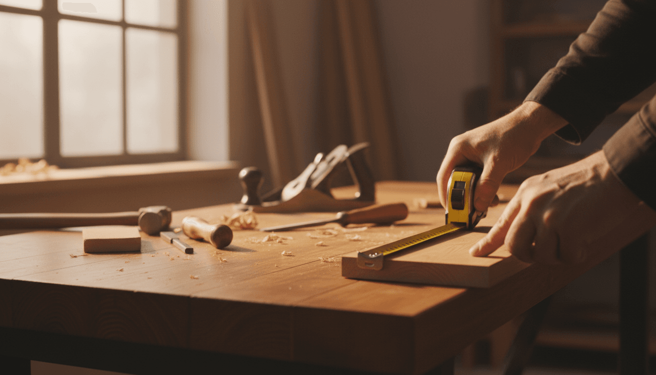 Contractor measuring wood surface with tape measure during home renovation project