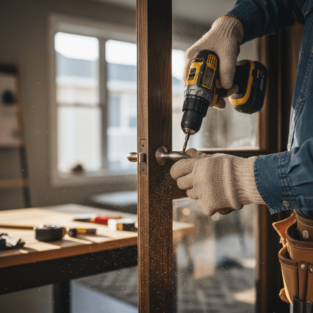 Handyman inspecting door frame in workshop