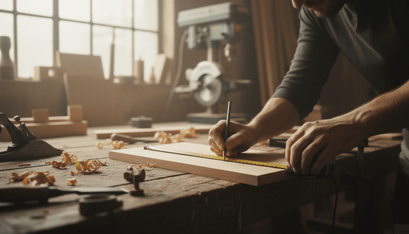 Craftsman measuring and marking wood for a home renovation project
