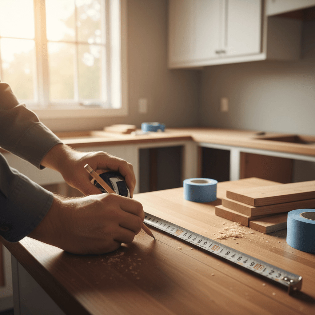 Contractor measuring countertop during home renovation