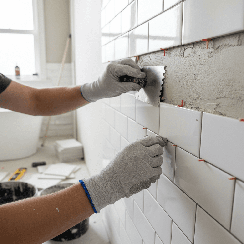 Bathroom tile installation during home remodeling