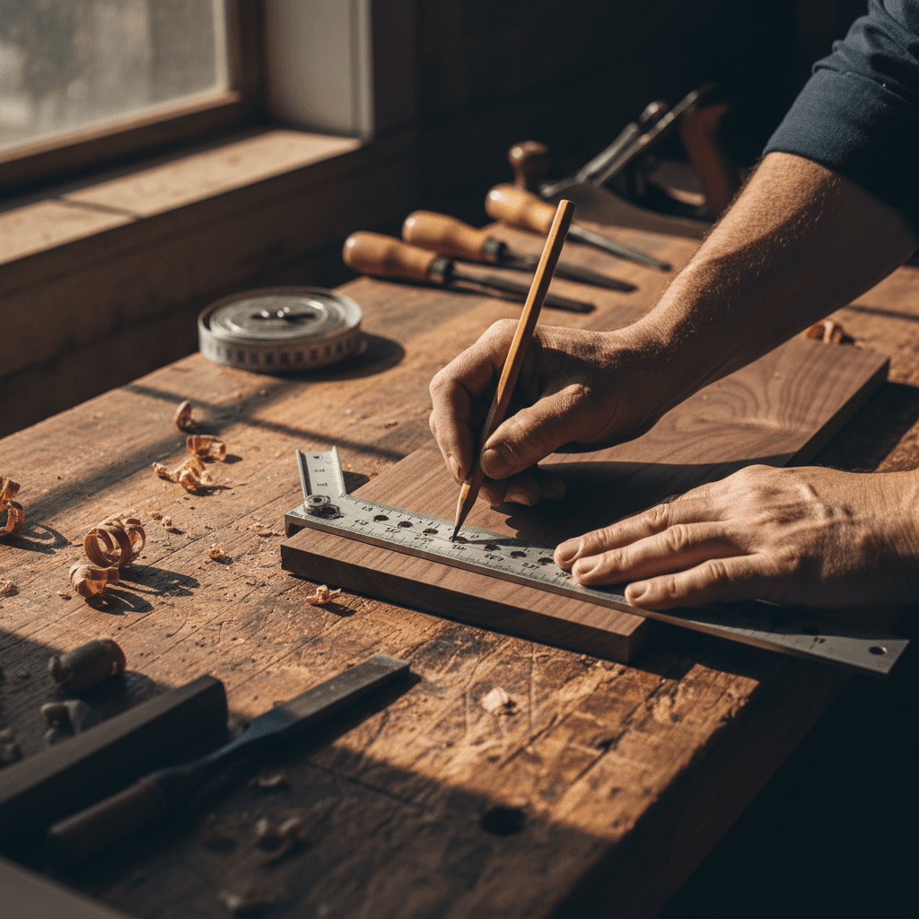 Craftsman measuring wood with precision