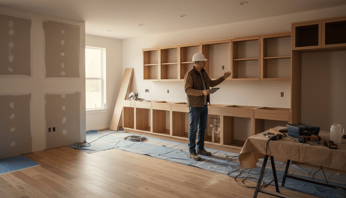 Residential kitchen renovation project in progress with tools and materials