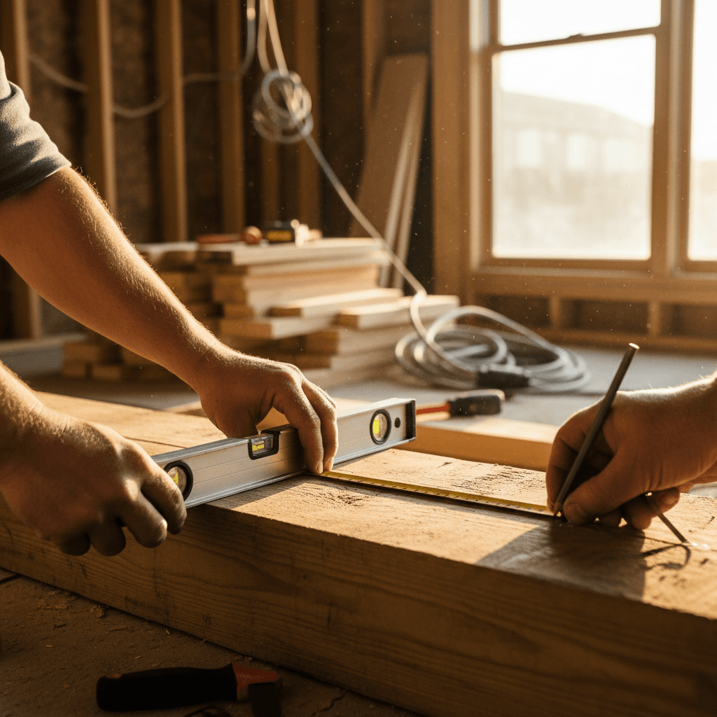 Contractor measuring wooden door frame for renovation work